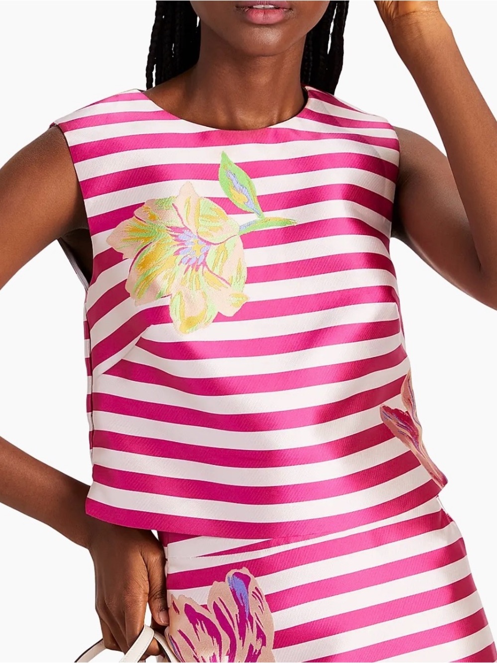 Kate Spade Tulip Striped Crop Top Medium Pink Floral Sleeveless Boxy Preppy